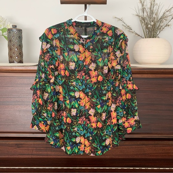 Ted Baker Carita Multi-Colour Floral Ruffle Sleeve Blouse, Size 12 - Picture 5 of 16